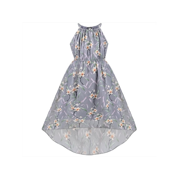 Girls Dress Gray Flower Hi-lo Style Halter Sleeveless Summer Sundress 6 Years