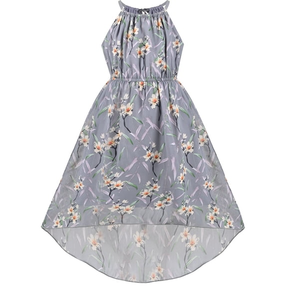 Sunny Fashion Girls Dress Gray Flower Hi-lo Style Halter Sleeveless Summer Sundress 6 Years