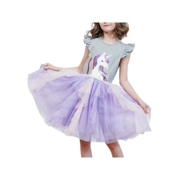 Girls Dress Gray Unicorn Embroidered Purple Pleated Tulle Birthday Party 8 Years