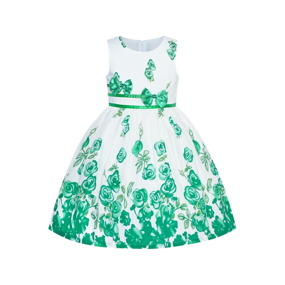 Girls Dress Green Casual Rose Flower Double Bow Tie 6 Years