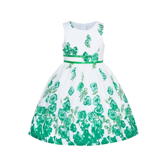 Girls Dress Green Casual Rose Flower Double Bow Tie 9-10 Years