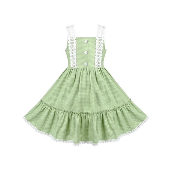 Girls Dress Green Check 1950s Classic Pearl Ruffle Strap Princess Casual 5 Years