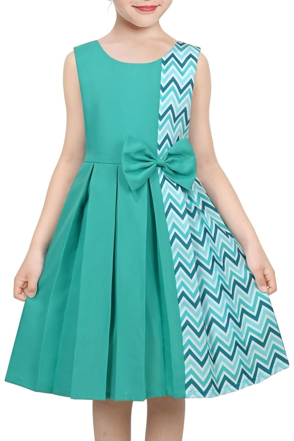 Girls Dress Green Chevron Color Contrast Sundress School Holiday Casual 10 Years