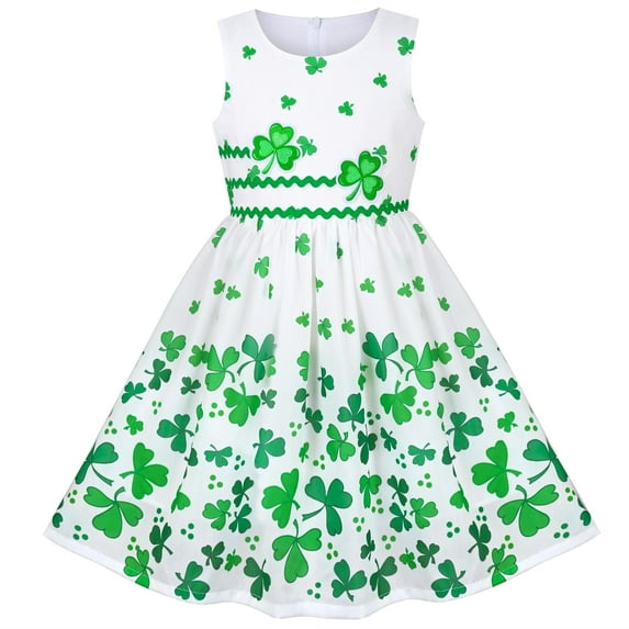 Girls Dress Green Clover Printed St Patrick Festival Sundress Sleeveless 4-5 Years