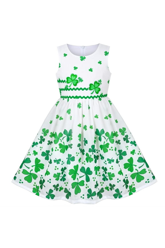 Girls Dress Green Clover Printed St Patrick Festival Sundress Sleeveless 6 Years