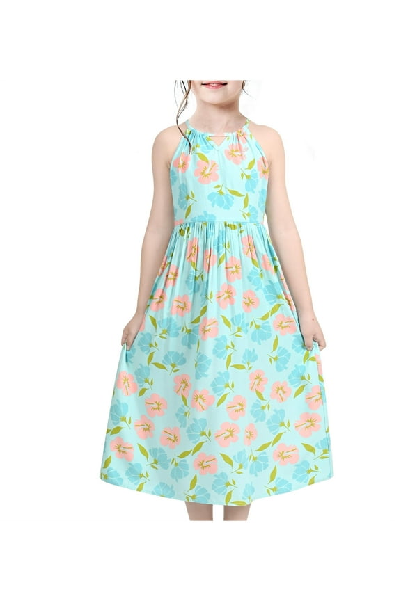 Girls Dress Green Floral Halter Hollow Back Sleeveless Sundress Summer 7 Years
