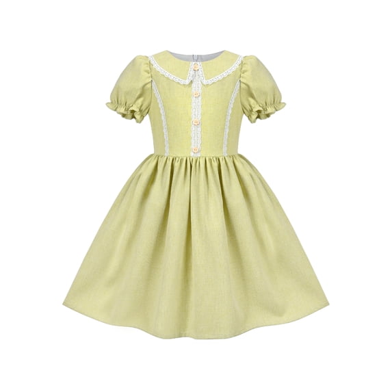 Girls Dress Green Lace Button Short Puff Sleeve Elegant Casual Formal 6 Years