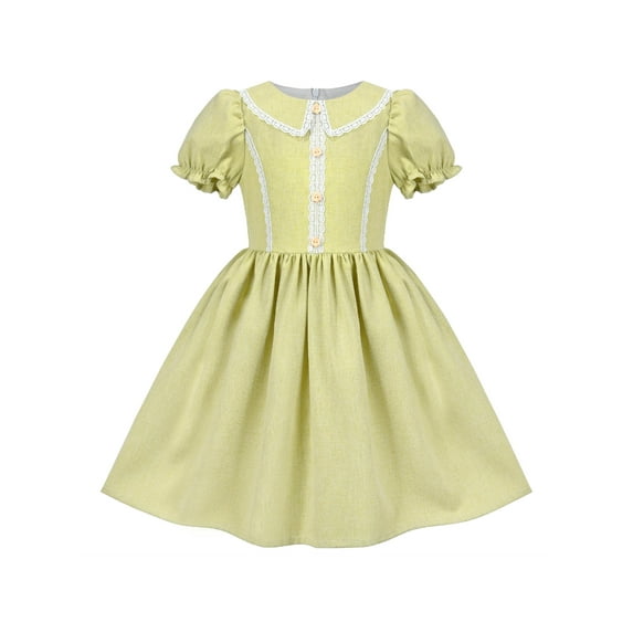 Girls Dress Green Lace Button Short Puff Sleeve Elegant Casual Formal 8 Years