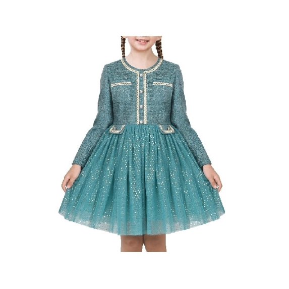 Girls Dress Green Pearl Pocket Sequin Classic Elegant Xmas Long Sleeve 6 Years