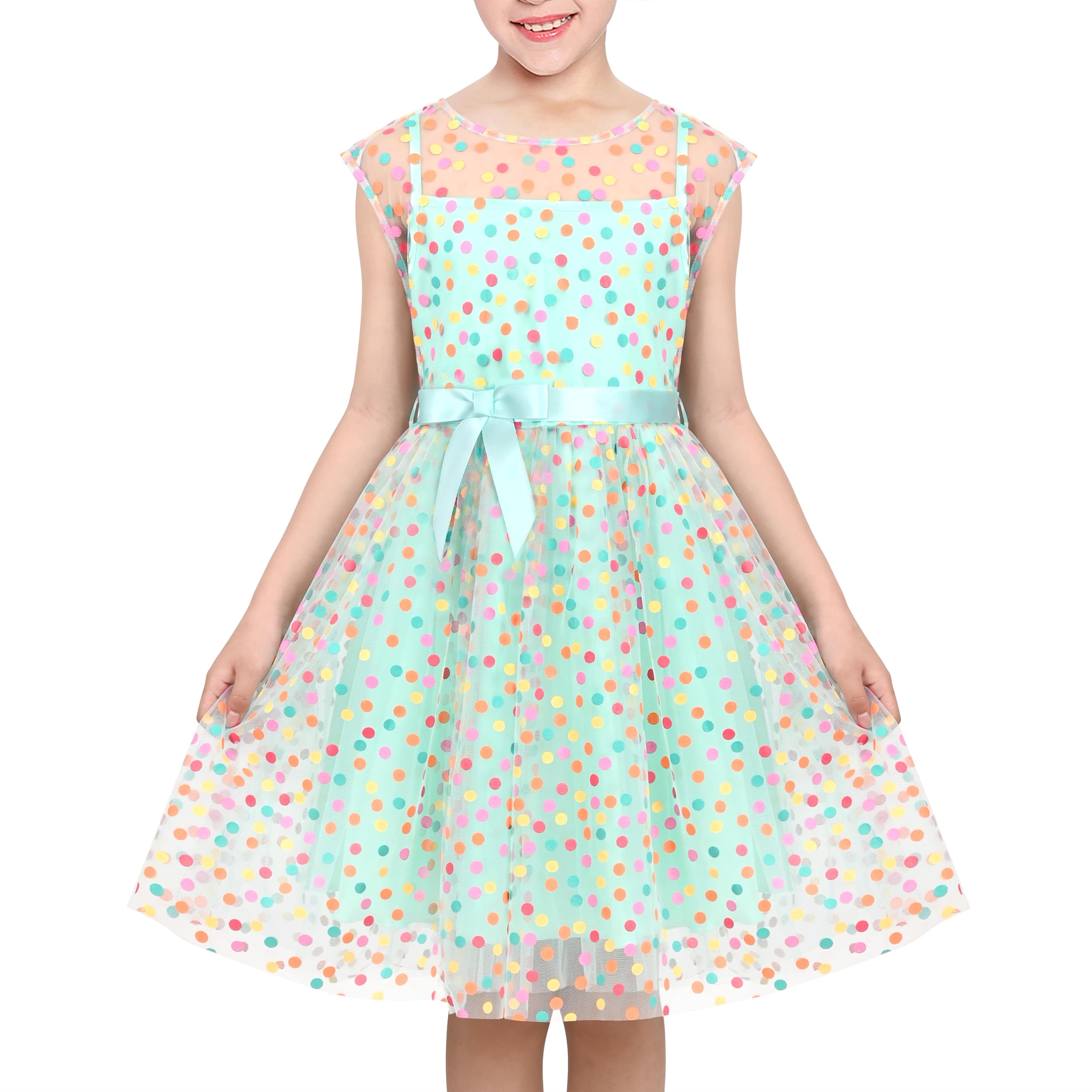 Girls Dress Pink Rainbow Polka Dot Pleated Tulle Party Gown