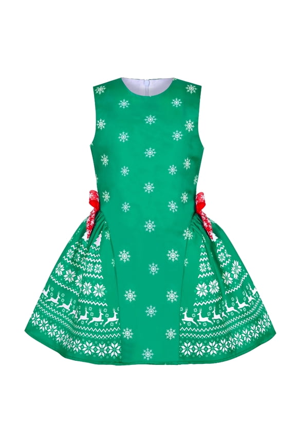 Girls Dress Green Reindeer Snowflakes Christmas Party Holiday 7 Years