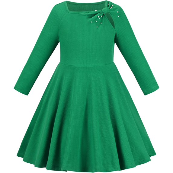 Sunny Fashion Girls Dress Green Ribbed Knit Square Neck Pearl Knot Casual Winter Long 10 Years