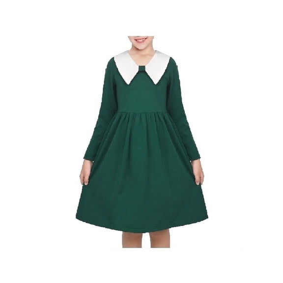 Girls Dress Green Solid Casual School Student Uniform Cotton Long Sleeve 7 Years