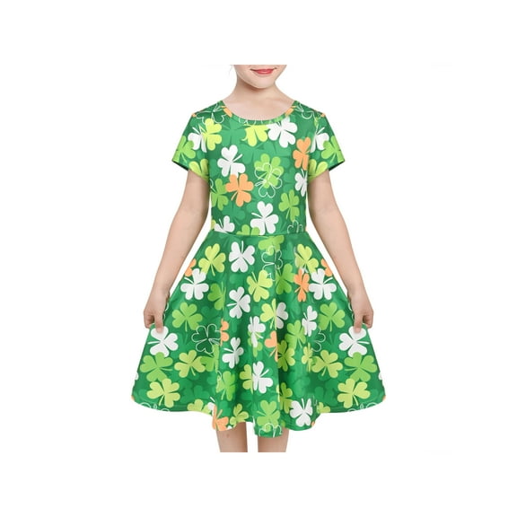 Girls Dress Green St Patrick Clover Holiday Casual Summer Sundress 6 Years