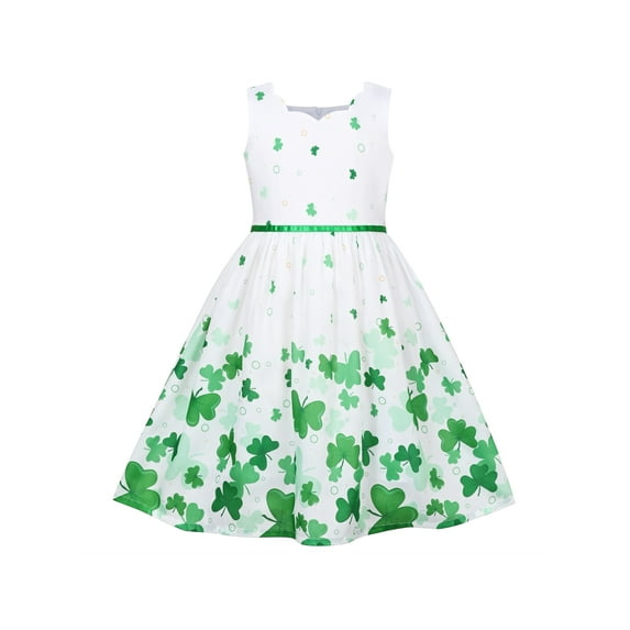 Girls Dress Green St Patrick Four Leaf Clover Bow Tie Summer Sleeveless 12 Years