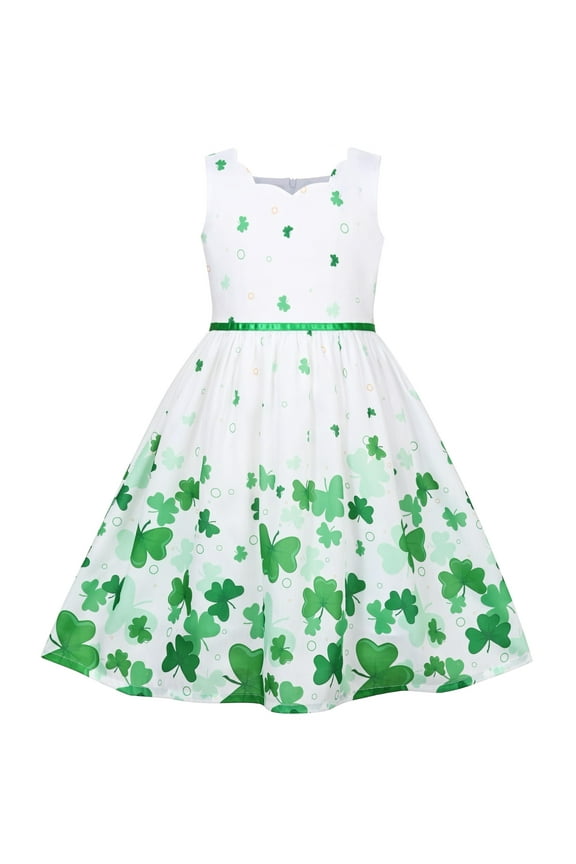 Girls Dress Green St Patrick Four Leaf Clover Bow Tie Summer Sleeveless 8 Years