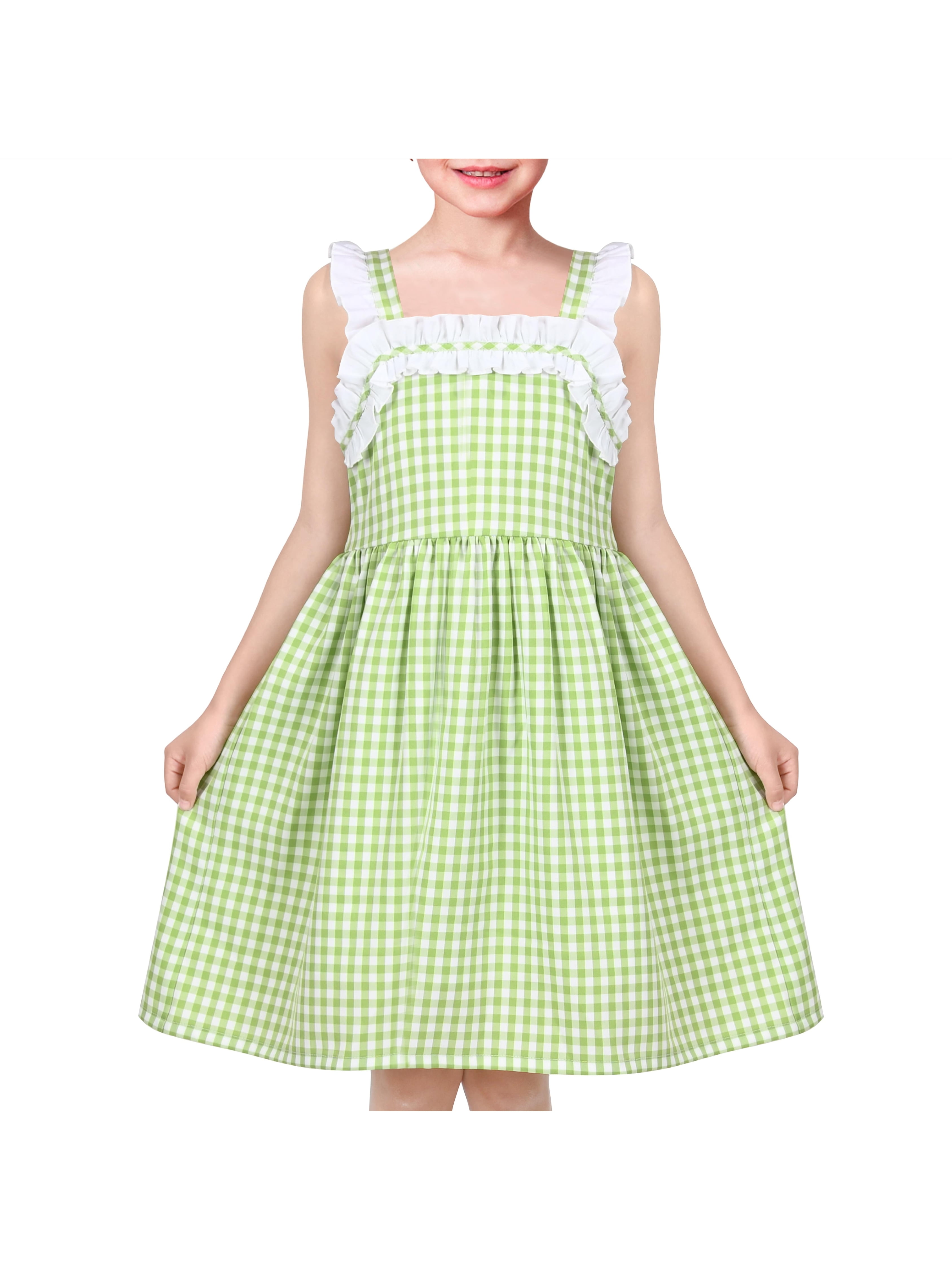 green gingham dress girls Petit Bebe Girls Green Gingham Smocked Shamrocks Bishop Dress