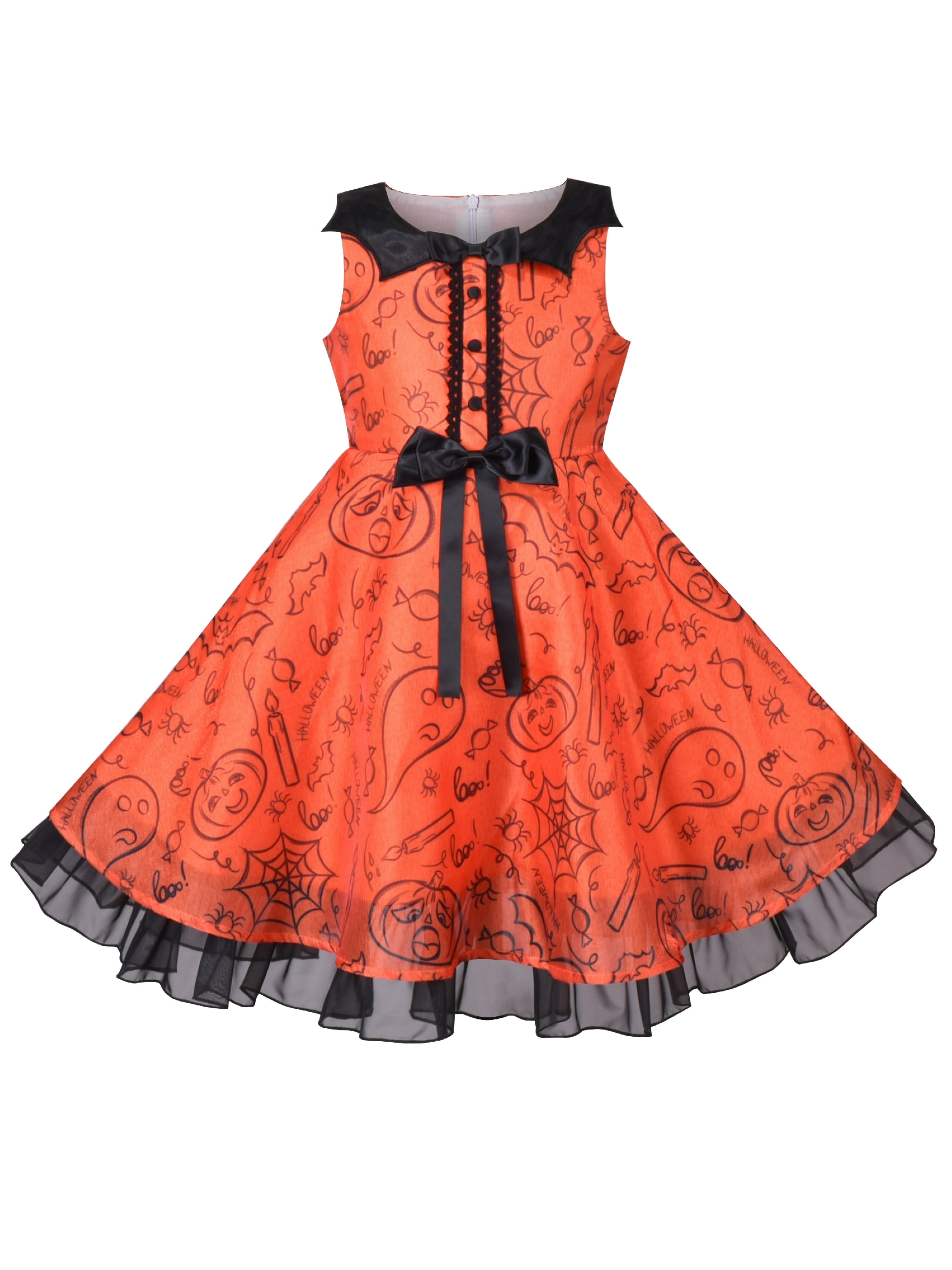 Sunny Fashion Girls Dress Halloween Bat Collar Orange Ghost Black Ruffle Spider Sleeveless 9-10 Years, Girl's