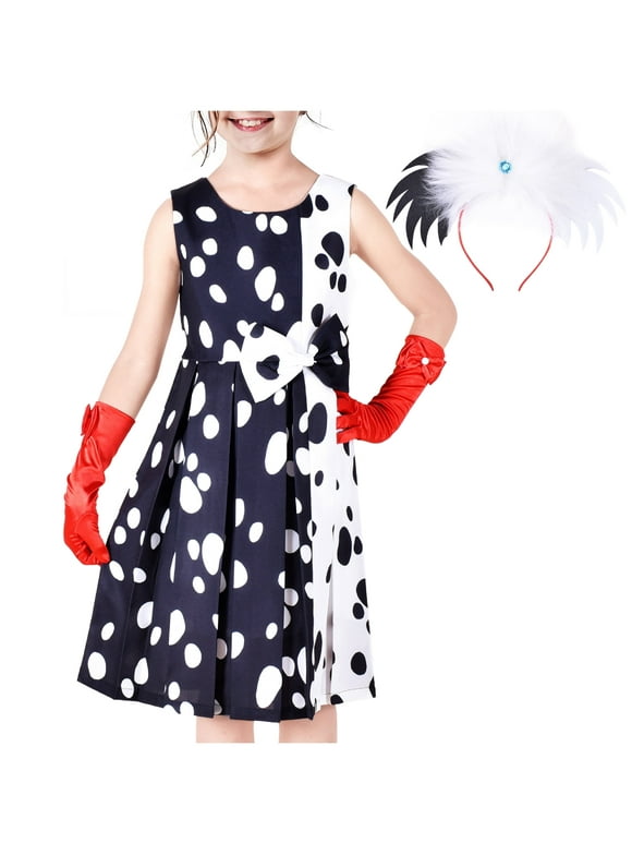Girls Dress Halloween Costume For Dalmatians Wig Headband Red Gloves 7 Years