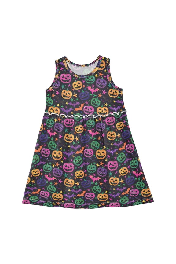 Girls Dress Halloween Pumpkins Glittery Stars Bats Neon Sleeveless Dress for Girls Hem A-Line Casual Sundress