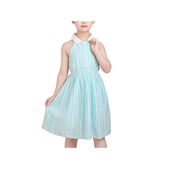 Girls Dress Halter Blue White Stripe Summer Cotton Sleeveless 6 Years
