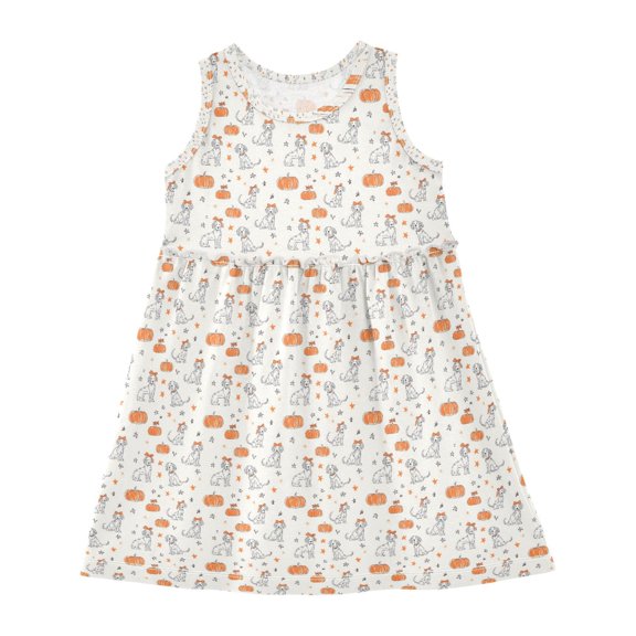 Girls Dress Hand Drawn Dog with Pumpkin Sleeveless Dress for Girls Hem A-Line Casual Sundress