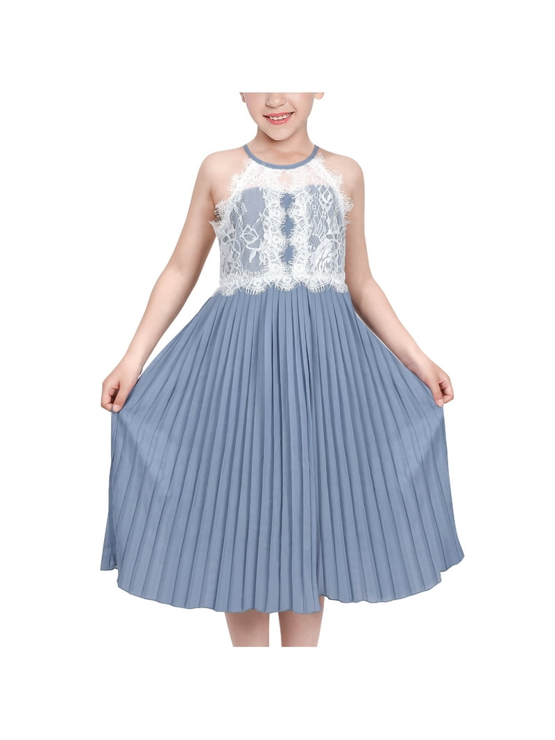 Sunny Fashion Girls Dress Haze Blue Halter Princess Pleated Formal Party Wedding 12 Years, Girl's