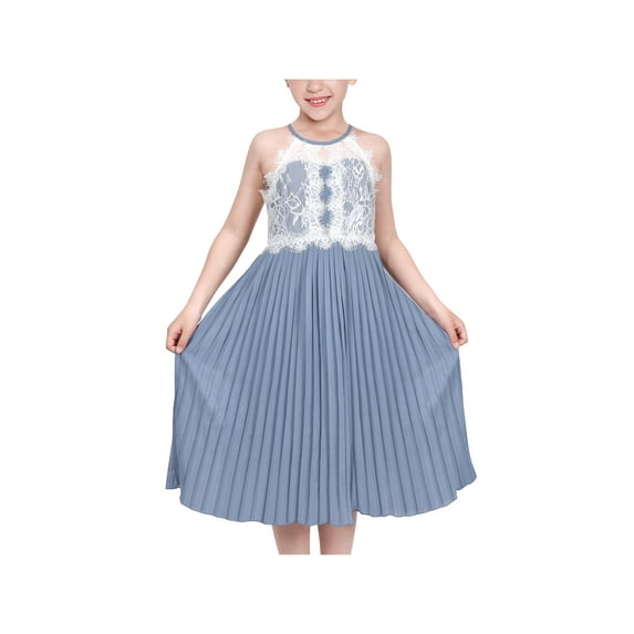 Girls Dress Haze Blue Halter Princess Pleated Formal Party Wedding 6 Years