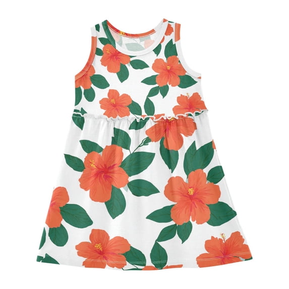 Girls Dress Hibiscus Flowers and Leaves Sleeveless Dress for Girls Hem A-Line Casual Sundress