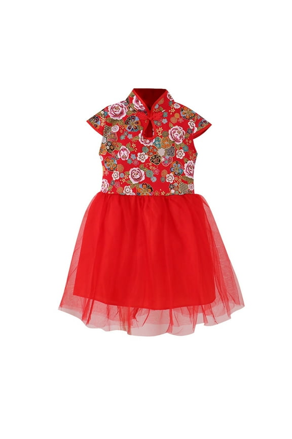 Girls Dress Holiday Chinese Qipao Short Sleeve Flowers Princess Dress Girl Dresses Red 7-8 Years