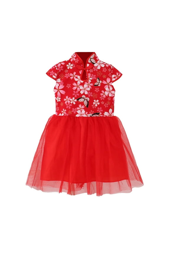 Girls Dress Holiday Chinese Qipao Short Sleeve Flowers Princess Dress Girls Dresses 3-4 Years