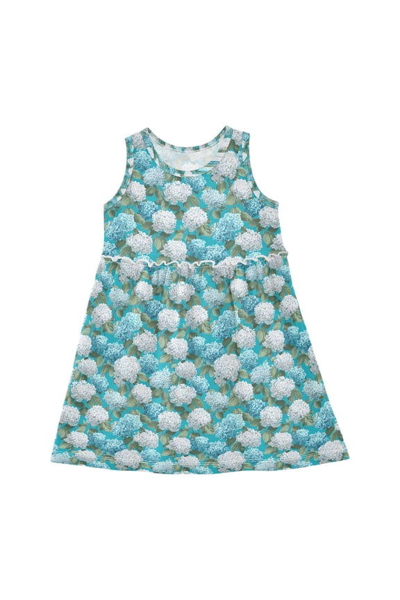 Girls Dress Hydrangea Blue and White Sleeveless Dress for Girls Hem A-Line Casual Sundress