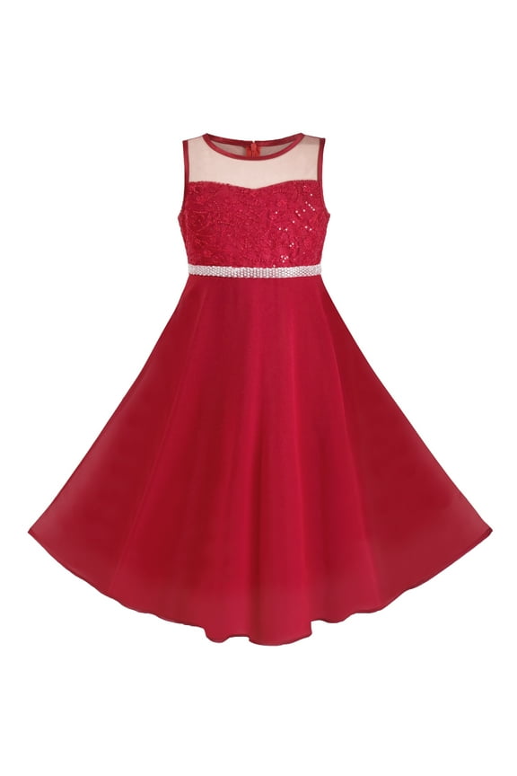 Girls Dress Jujube Red Embroidery Lace Chiffon Skirt Sequin Waist 7 Years