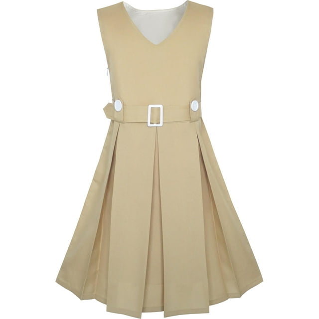 Girls Dress Khaki Button Back School Uniform Pleated Hem 12