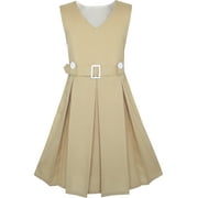 SUNNY FASHION Girls Dress Khaki Button Back School Uniform Pleated Hem 6