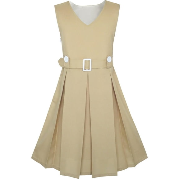 Girls Dress Khaki Button Back School Uniform Pleated Hem 8