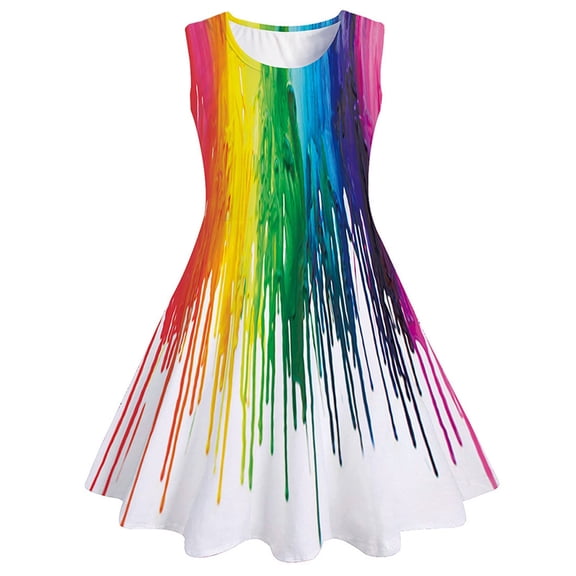Girls Dress Kids Child Girls Summer Colorful Rainbow Prints Sleeveless Casual Dress for Daily Wear and Party Little Girl Dresses Pink 10 Years-13 Years