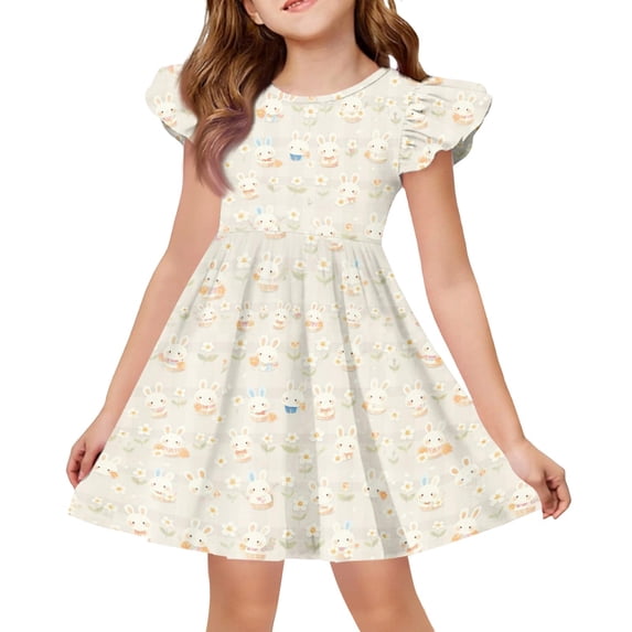Girls Dress Kids Easter Print Sleeveless Knee Length Patchwork Party Dress for Holiday Celebration Events Beige 2 Years-3 Years