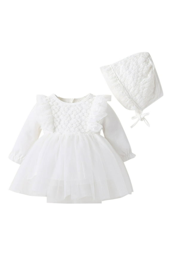 Girls Dress Kids Solid Spring Winter Lace Long Sleeve Tulle Princess Dress Clothes Baby Girl Dress White 12 Months-18 Months