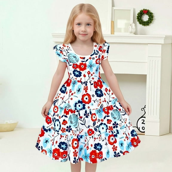 Girls Dress Kids Toddler Girls Summer Floral Print A Line Flutter Sleeves Stylish Casual Dress Baby Dress White 8 Years-9 Years
