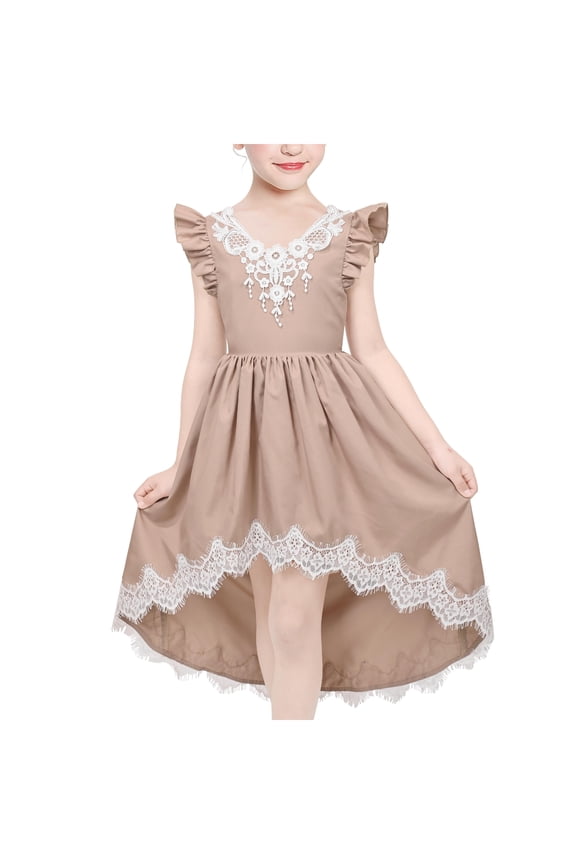 Girls Dress Lace Hi-lo Hollow Back Ruffle Sleeve Party Pageant 6 Years