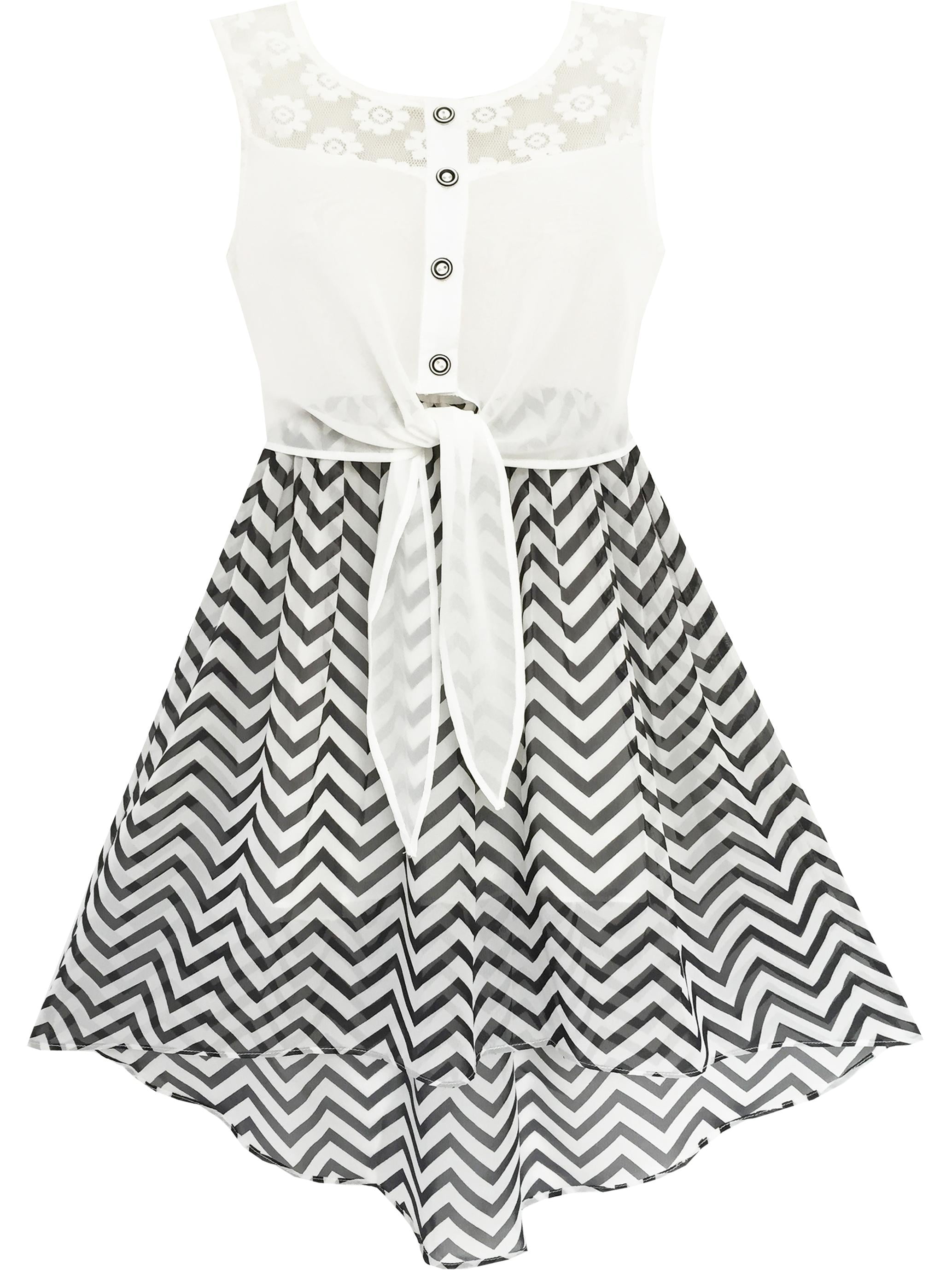 Girls Dress Lace To Chiffon Striped Black White Tied Waist 7 - Walmart.com