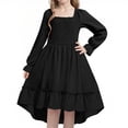 thumbnail image 1 of Girls Dress Lantern Long Sleeve Square Neck Smocked Waist Fall Party Dress High Low Swing Midi Dress, 1 of 2