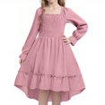 thumbnail image 1 of Girls Dress Lantern Long Sleeve Square Neck Smocked Waist Fall Party Dress High Low Swing Midi Dress, 1 of 2