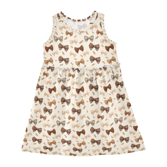 Girls Dress Leaf Bow Pattern Sleeveless Dress for Girls Hem A-Line Casual Sundress