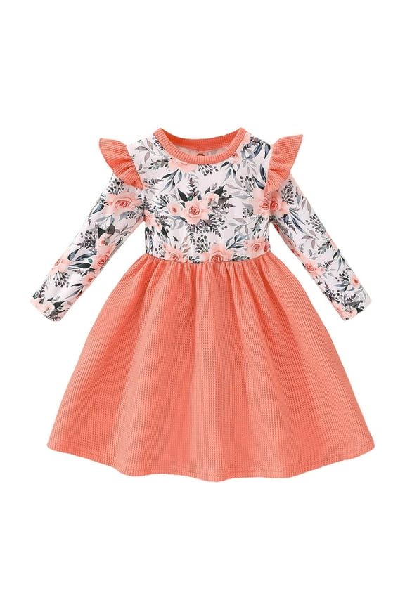 Girls Dress Long Sleeve Floral Prints Christmas Princess Dress Dance Party Dresses Fall Winter Clothes Baby Girl Dress Orange 2 Years-3 Years