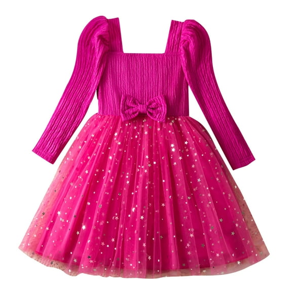 Girls Dress Long Sleeve Square Neck Dresses Spring Summer Kids Casual Elegant Wedding Party A-Line Skirt Clothes for Girl Hot Pink 6-7 Years