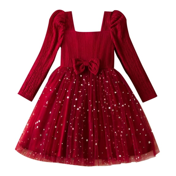 Girls Dress Long Sleeve Square Neck Dresses Spring Summer Kids Casual Elegant Wedding Party A-Line Skirt Clothes for Girl Red 3-4 Years
