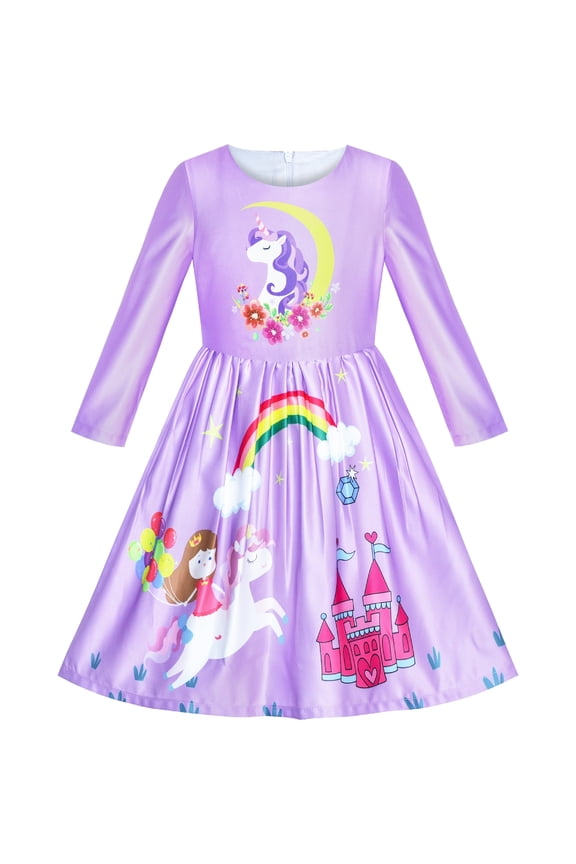 Girls Dress Long Sleeve Unicorn Castle Rainbow Purple 6 Years