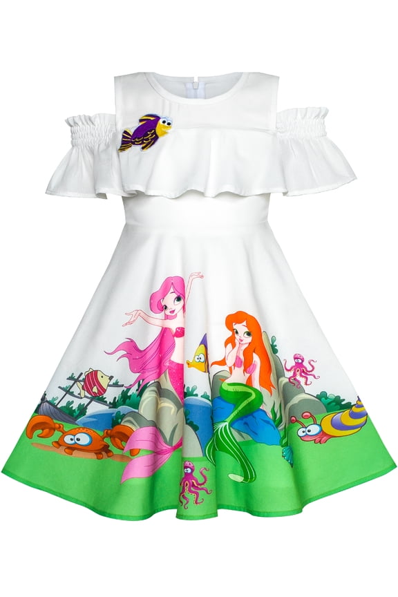 Girls Dress Mermaid Cartoon Princess Ruffle Collar Party Dress 6 Years